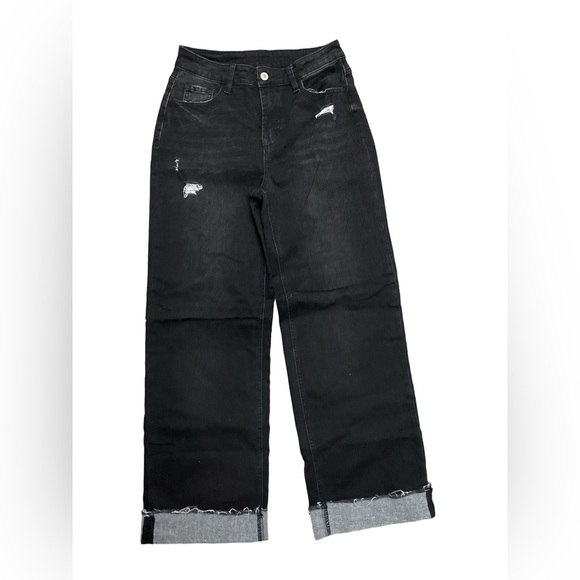 Sidefeel Denim - Sidefeel Black High Rise Wide Leg Distressed Jeans - Size 6